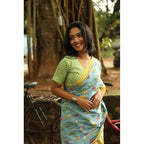 Generic Women's Linen Printed Saree With Unstitched Blouse 5.5MtrÂ (Blue)