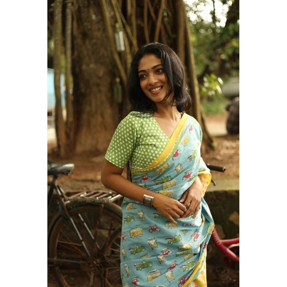 Generic Women's Linen Printed Saree With Unstitched Blouse 5.5MtrÂ (Blue)