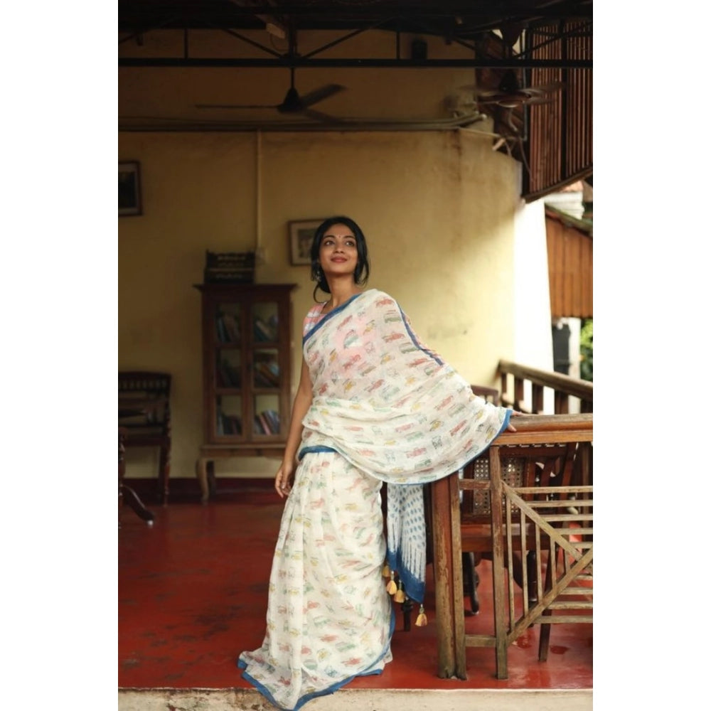 Generic Women's Linen Printed Saree With Unstitched Blouse 5.5MtrÂ (White)