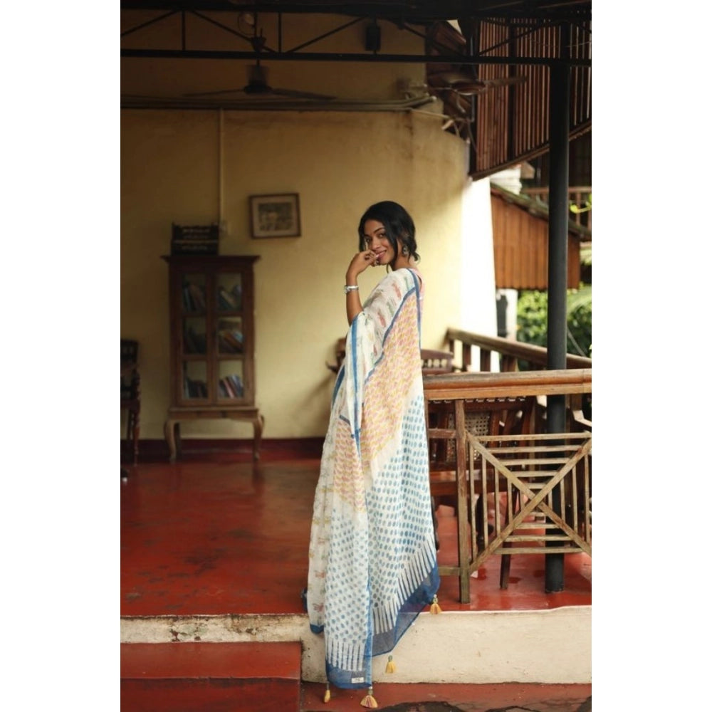 Generic Women's Linen Printed Saree With Unstitched Blouse 5.5MtrÂ (White)