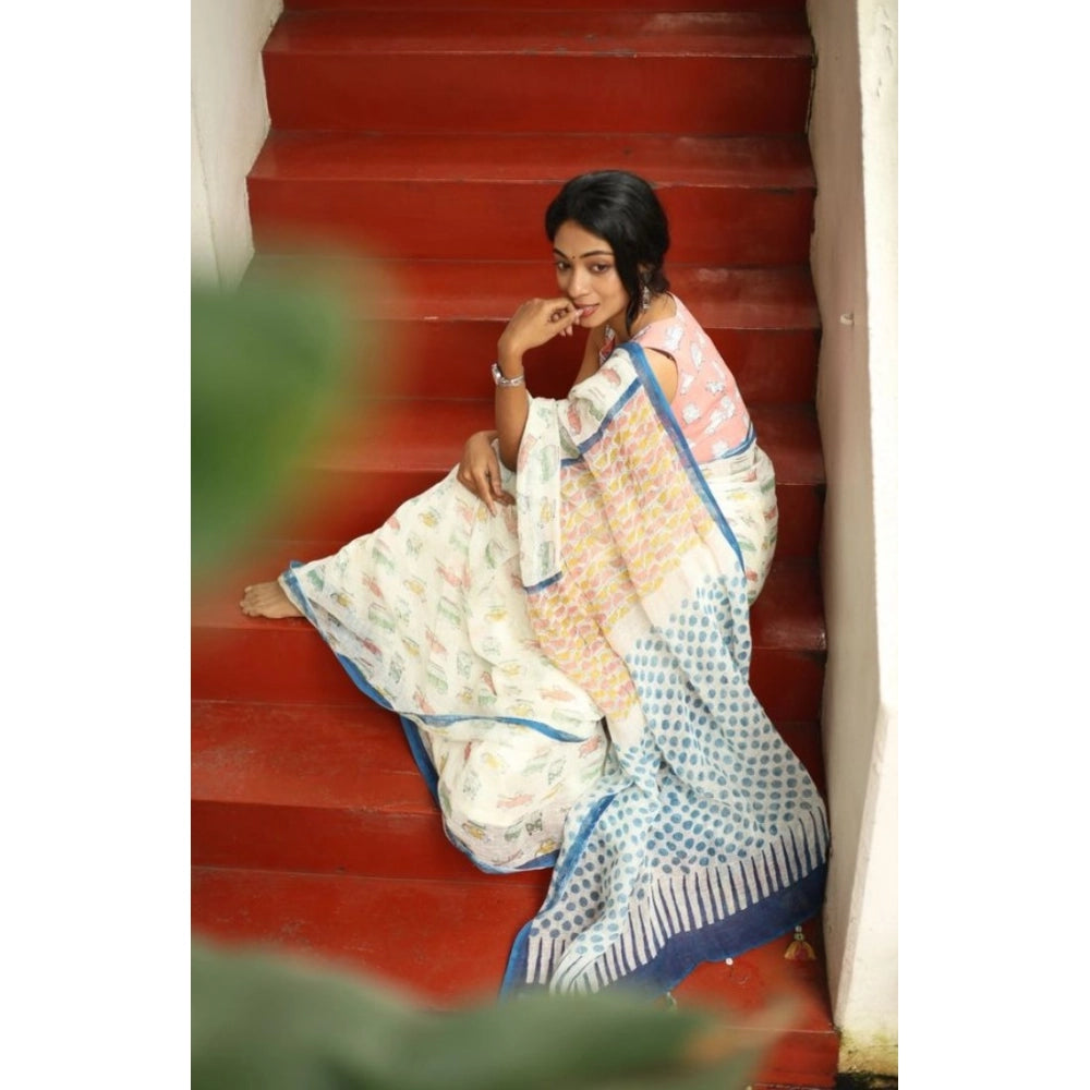 Generic Women's Linen Printed Saree With Unstitched Blouse 5.5MtrÂ (White)