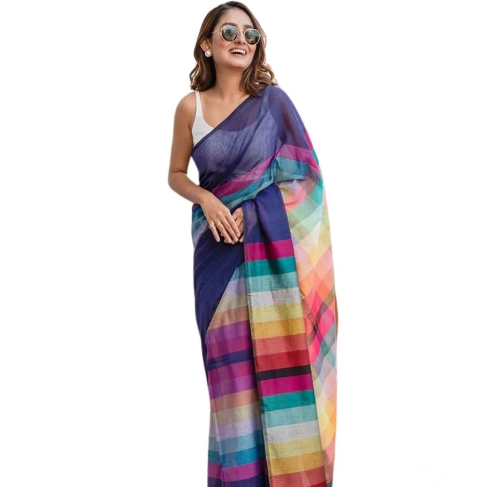Generic Women's Linen Printed Saree With Unstitched Blouse 5.5MtrÂ (Navy)