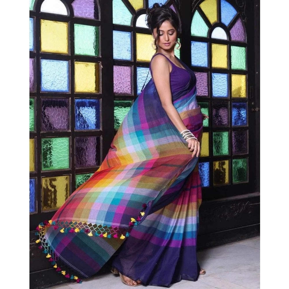 Generic Women's Linen Printed Saree With Unstitched Blouse 5.5MtrÂ (Navy)