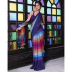 Generic Women's Linen Printed Saree With Unstitched Blouse 5.5MtrÂ (Navy)