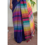 Generic Women's Linen Printed Saree With Unstitched Blouse 5.5MtrÂ (Navy)