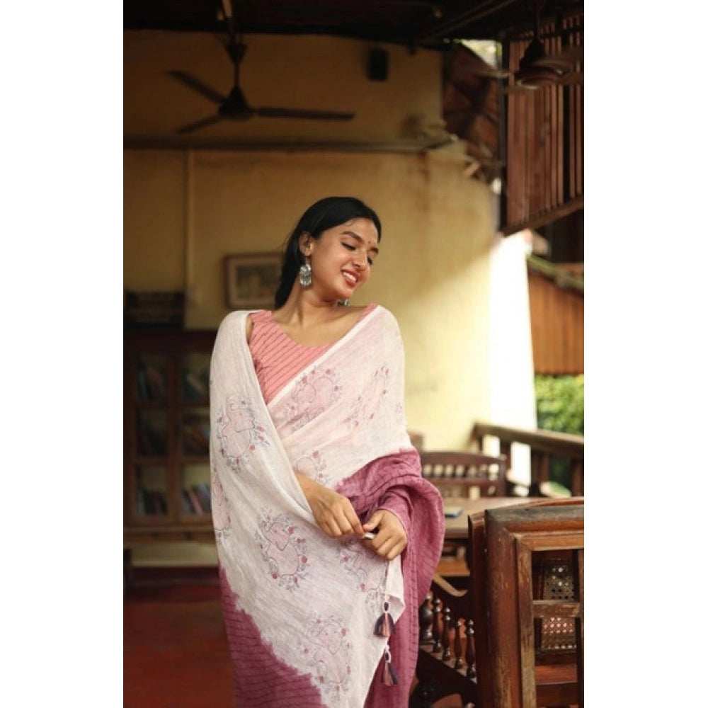 Generic Women's Linen Printed Saree With Unstitched Blouse 5.5MtrÂ (White)