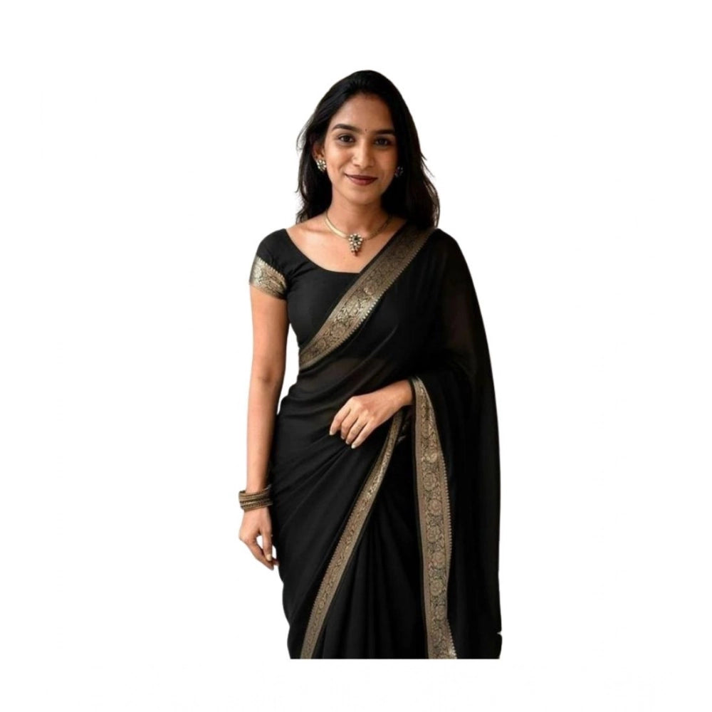 Generic Women's Vichitra Silk Printed Saree With Unstitched Blouse 5.5MtrÂ (Black)