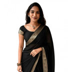 Generic Women's Vichitra Silk Printed Saree With Unstitched Blouse 5.5MtrÂ (Black)