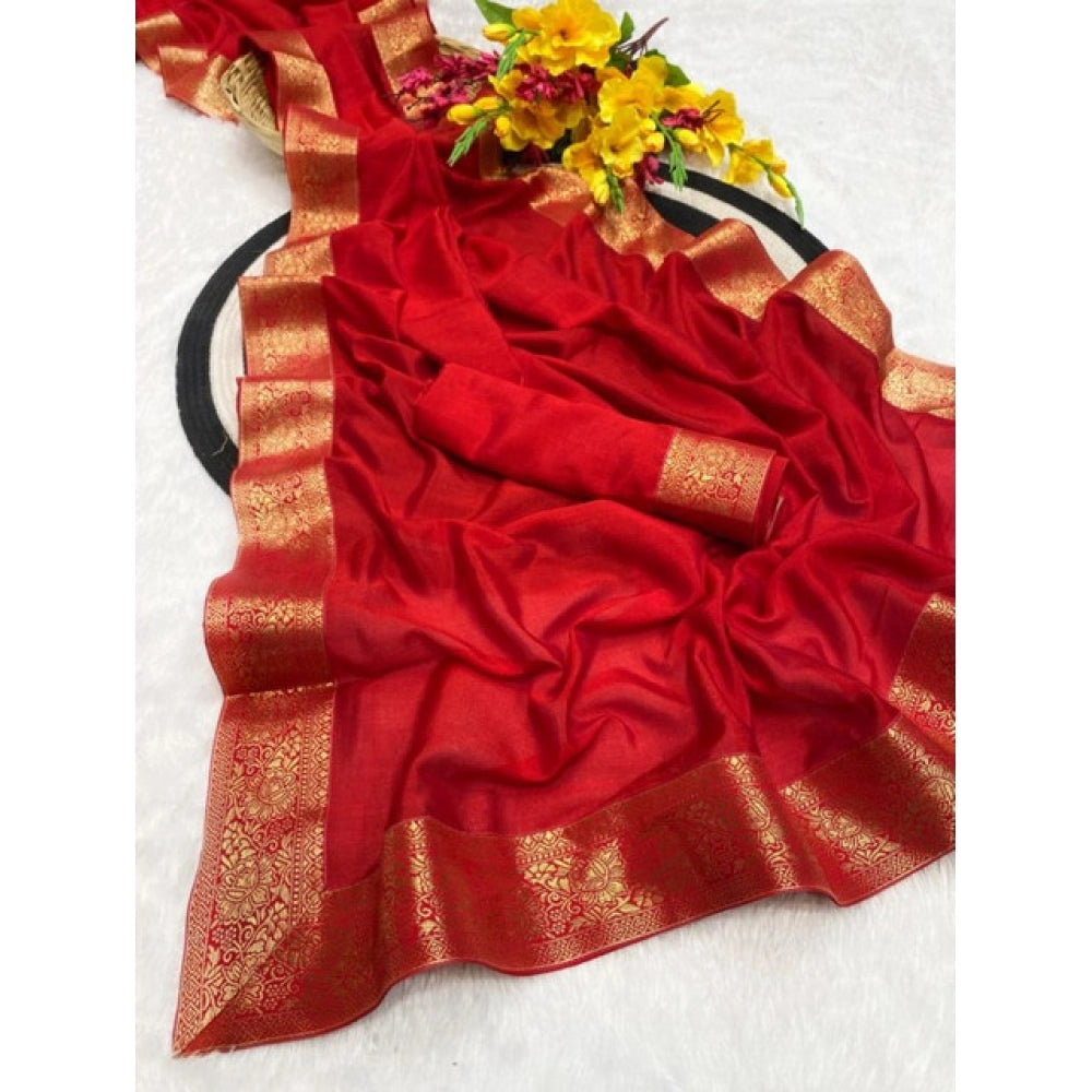 Generic Women's Vichitra Silk Printed Saree With Unstitched Blouse 5.5MtrÂ (Red)