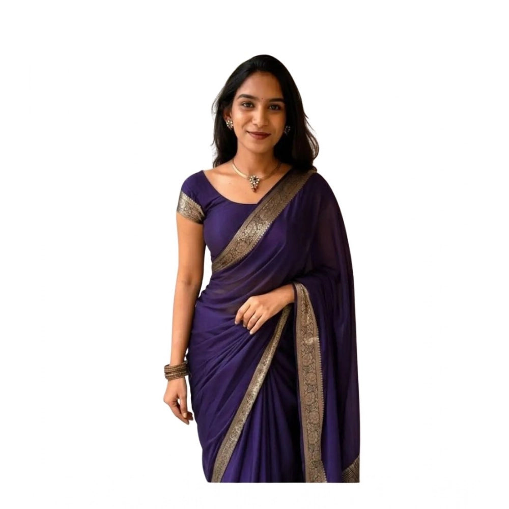Generic Women's Vichitra Silk Printed Saree With Unstitched Blouse 5.5MtrÂ (Purple)