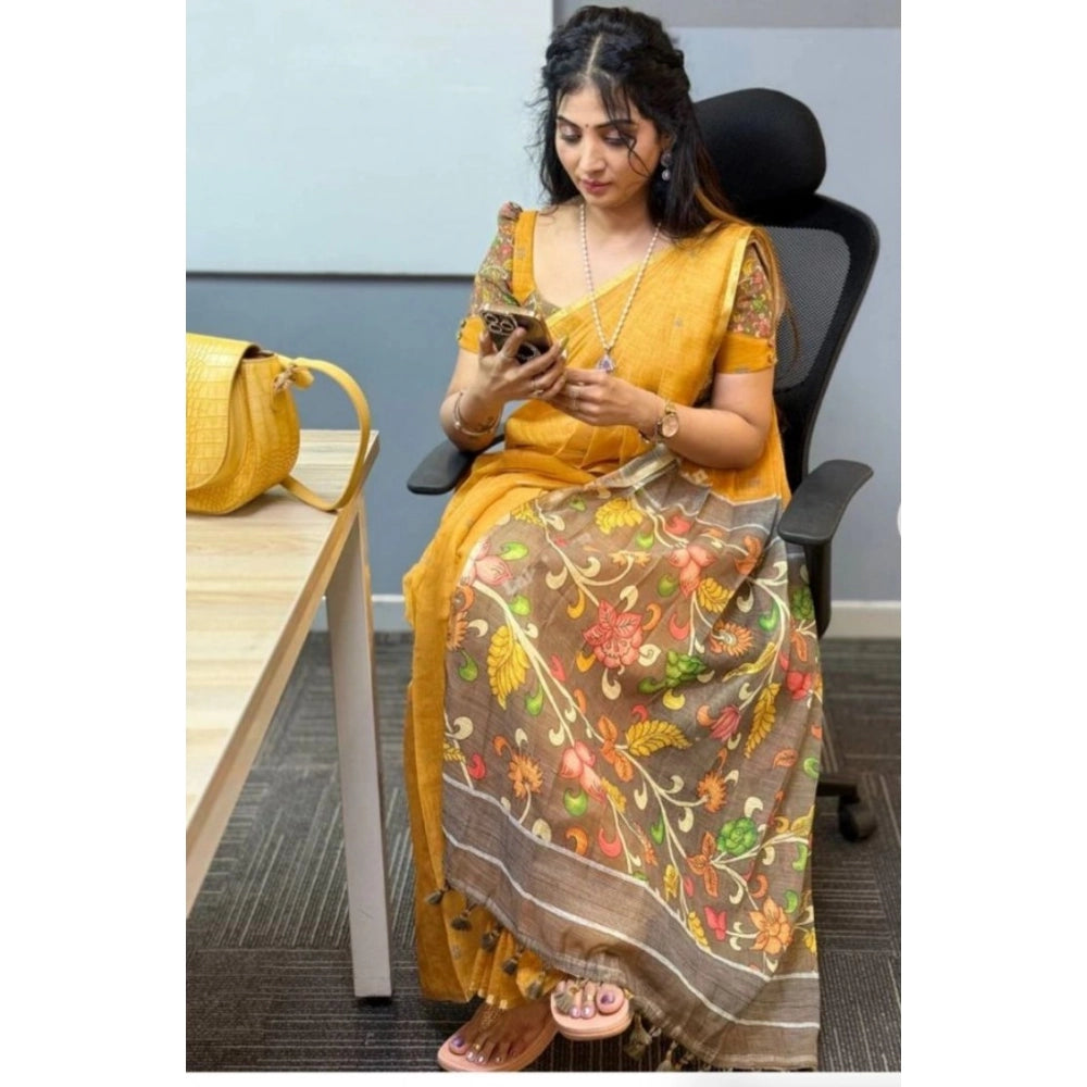 Generic Women's Linen Printed Saree With Unstitched Blouse 5.5MtrÂ (Mustard)