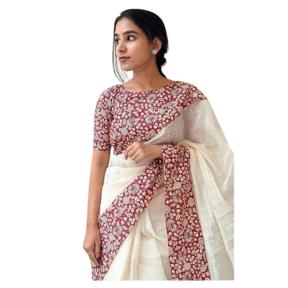 Generic Women's Linen Printed Saree With Unstitched Blouse 5.5MtrÂ (White)