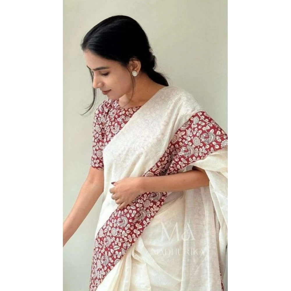 Generic Women's Linen Printed Saree With Unstitched Blouse 5.5MtrÂ (White)