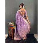 Generic Women's Satin Printed Saree With Unstitched Blouse 5.5MtrÂ (Purple)