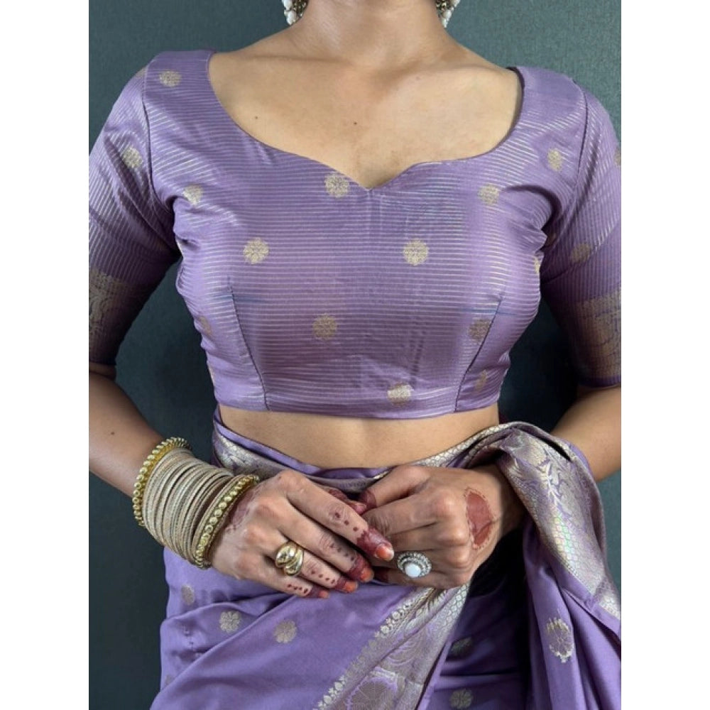 Generic Women's Satin Printed Saree With Unstitched Blouse 5.5MtrÂ (Purple)