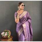 Generic Women's Satin Printed Saree With Unstitched Blouse 5.5MtrÂ (Purple)
