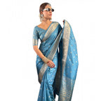 Generic Women's Satin Printed Saree With Unstitched Blouse 5.5MtrÂ (light Blue)