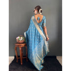 Generic Women's Satin Printed Saree With Unstitched Blouse 5.5MtrÂ (light Blue)