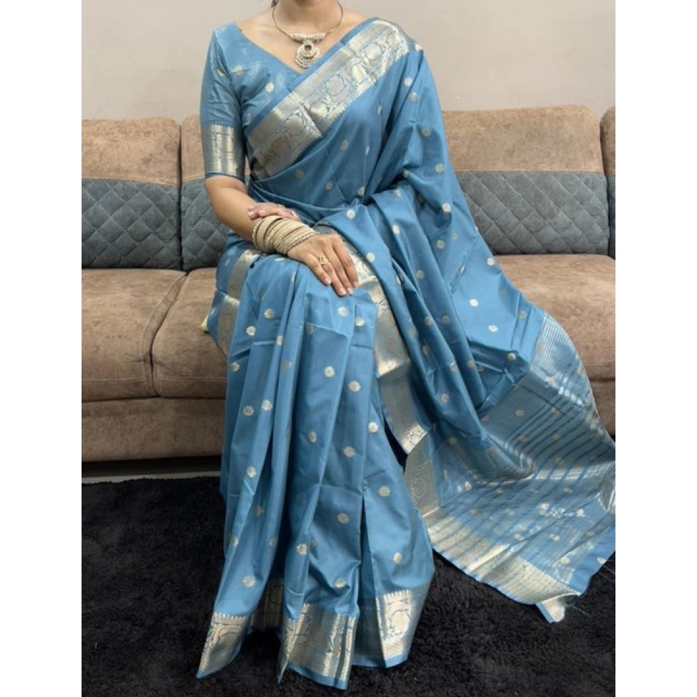 Generic Women's Satin Printed Saree With Unstitched Blouse 5.5MtrÂ (light Blue)