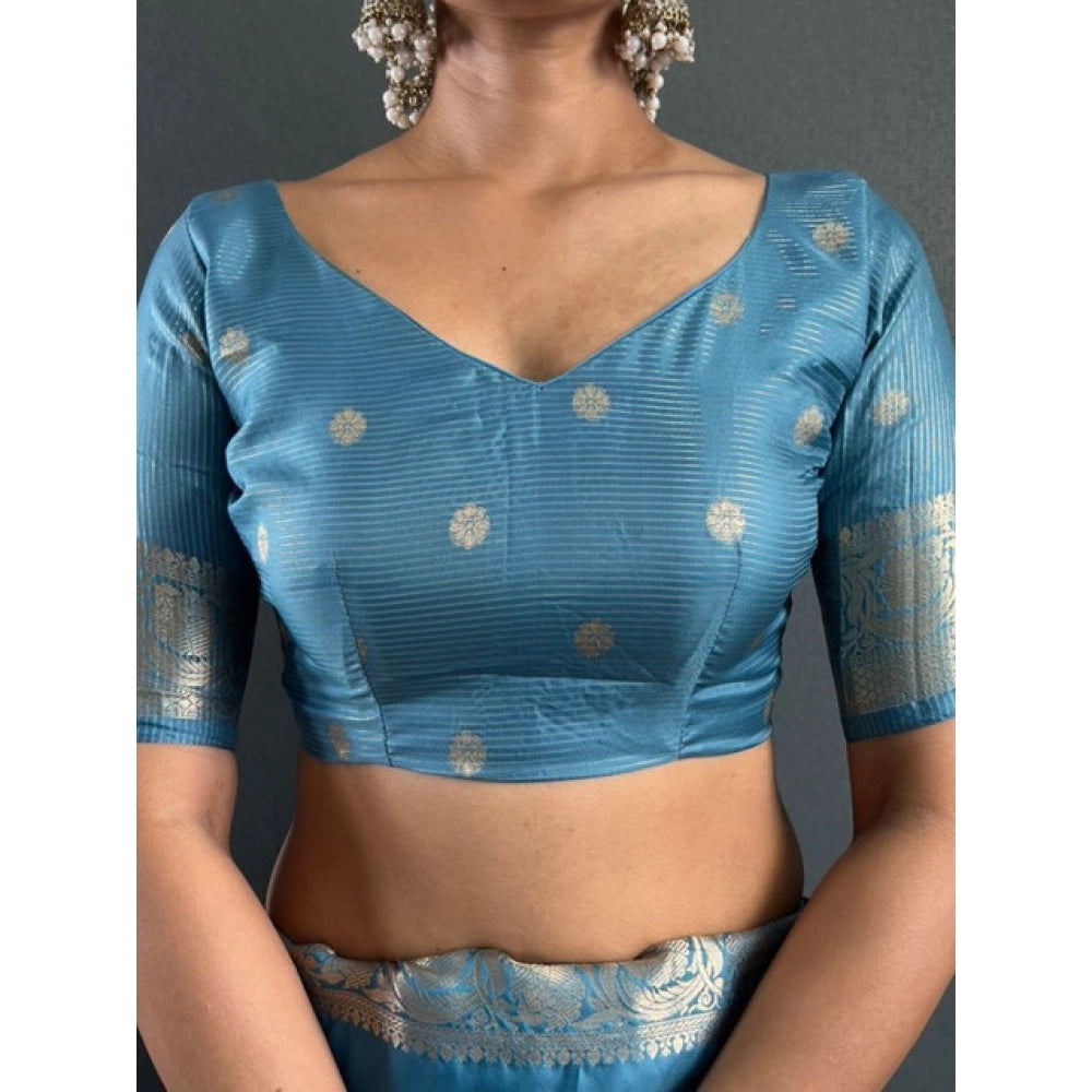 Generic Women's Satin Printed Saree With Unstitched Blouse 5.5MtrÂ (light Blue)