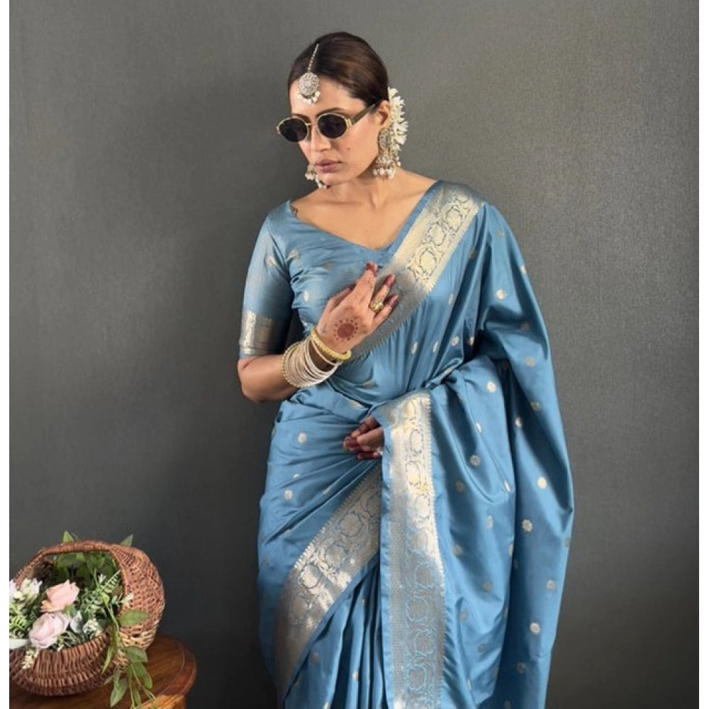 Generic Women's Satin Printed Saree With Unstitched Blouse 5.5MtrÂ (light Blue)