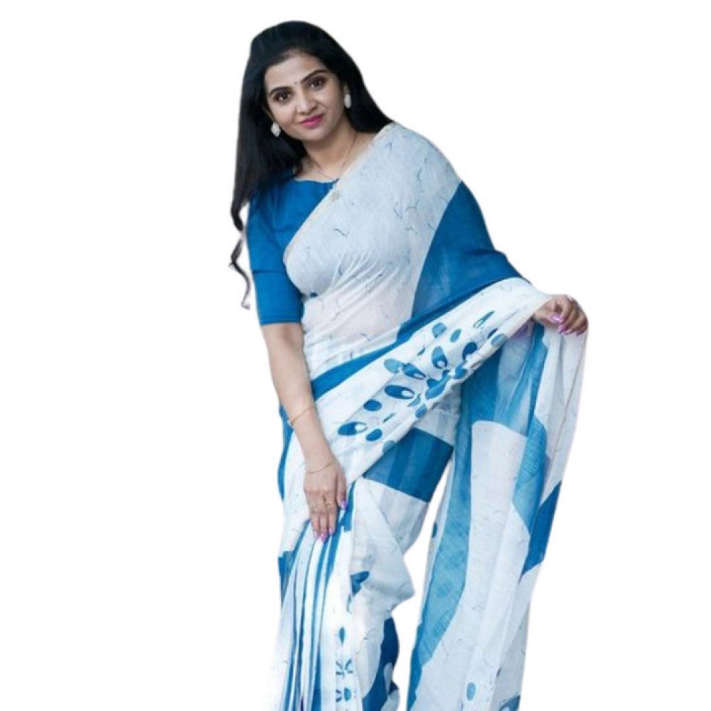Generic Women's Linen Printed Saree With Unstitched Blouse 5.5MtrÂ (White)