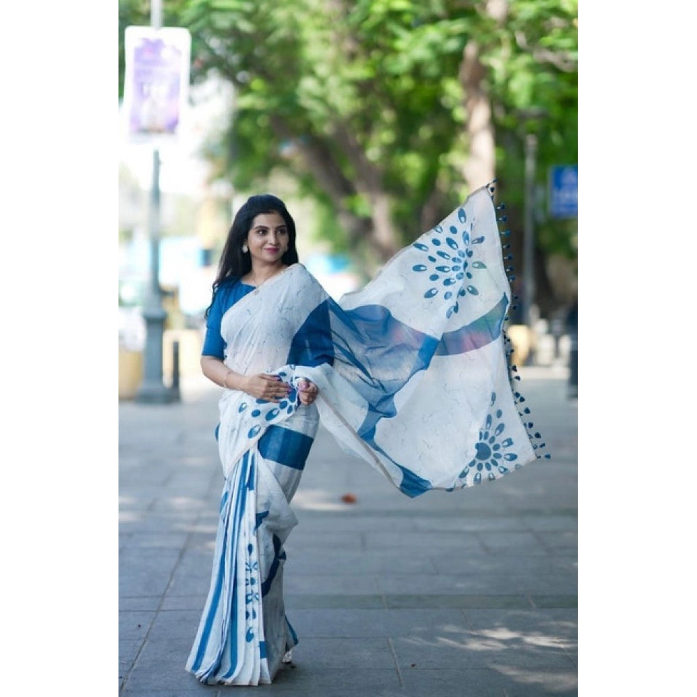 Generic Women's Linen Printed Saree With Unstitched Blouse 5.5MtrÂ (White)