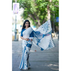 Generic Women's Linen Printed Saree With Unstitched Blouse 5.5MtrÂ (White)