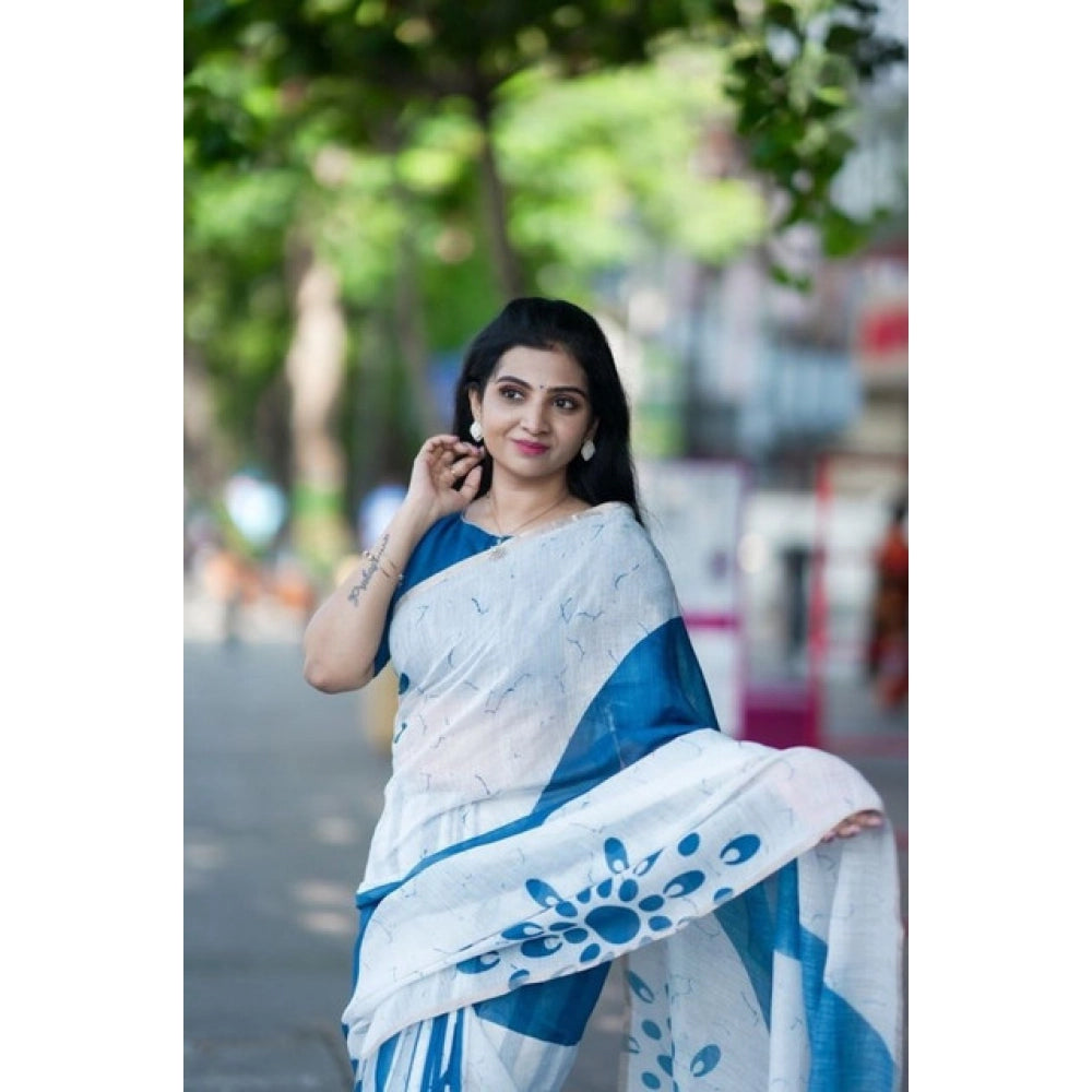 Generic Women's Linen Printed Saree With Unstitched Blouse 5.5MtrÂ (White)