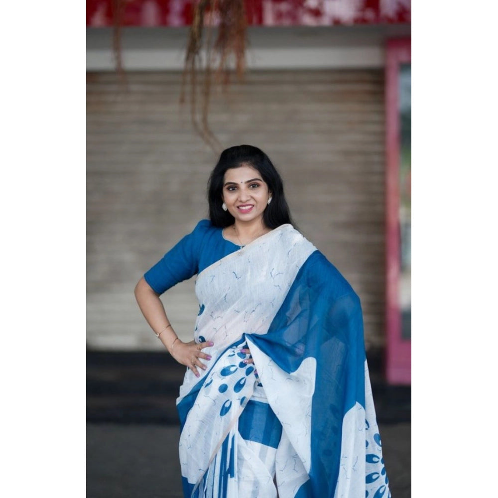 Generic Women's Linen Printed Saree With Unstitched Blouse 5.5MtrÂ (White)