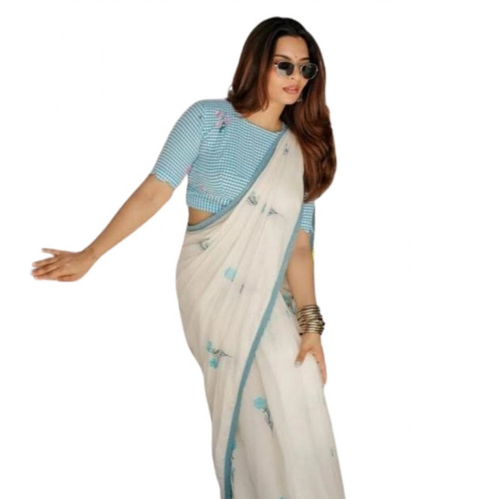 Generic Women's Linen Printed Saree With Unstitched Blouse 5.5MtrÂ (White)