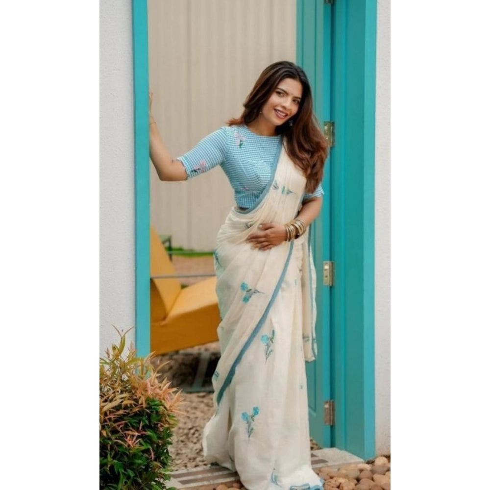 Generic Women's Linen Printed Saree With Unstitched Blouse 5.5MtrÂ (White)