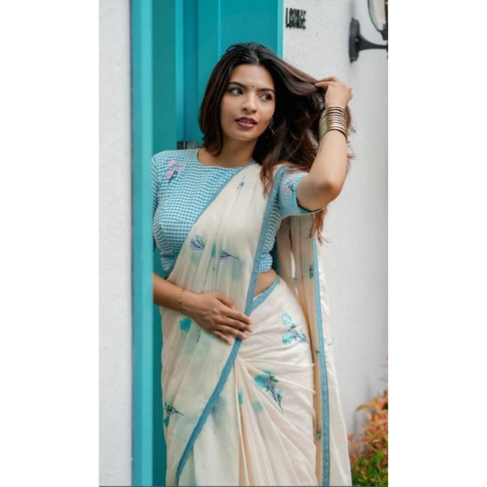 Generic Women's Linen Printed Saree With Unstitched Blouse 5.5MtrÂ (White)