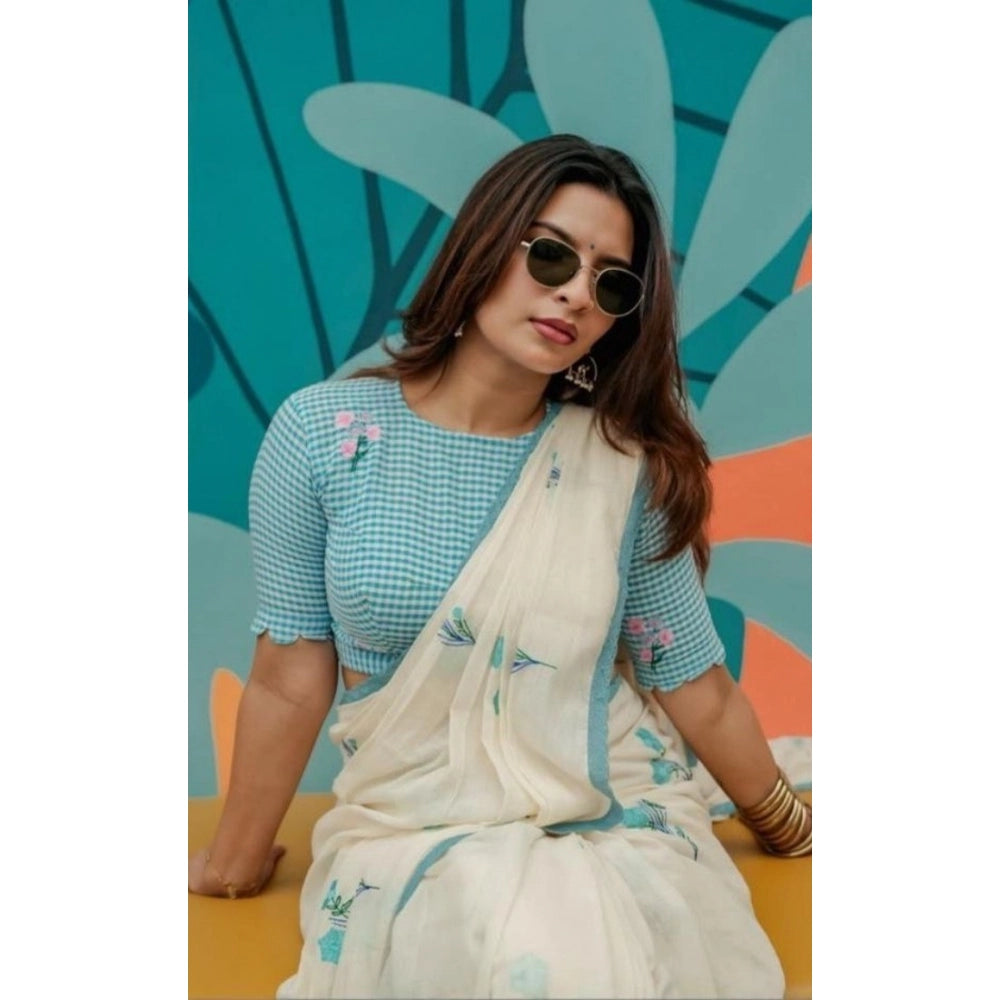 Generic Women's Linen Printed Saree With Unstitched Blouse 5.5MtrÂ (White)