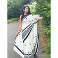  Women's Linen Printed Saree With Unstitched Blouse 5.5MtrÂ (White)