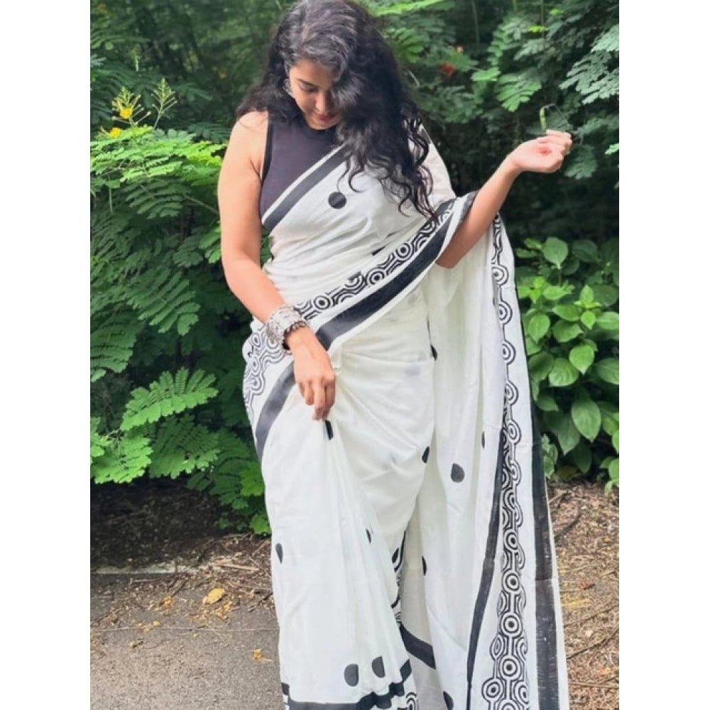 Generic Women's Linen Printed Saree With Unstitched Blouse 5.5MtrÂ (White)