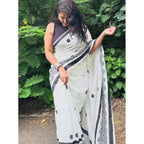 Generic Women's Linen Printed Saree With Unstitched Blouse 5.5MtrÂ (White)