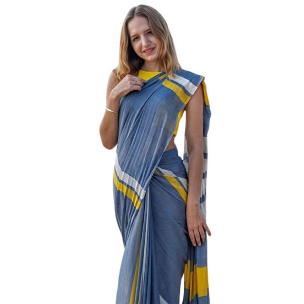 Generic Women's Linen Printed Saree With Unstitched Blouse 5.5MtrÂ (Blue)