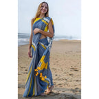 Generic Women's Linen Printed Saree With Unstitched Blouse 5.5MtrÂ (Blue)