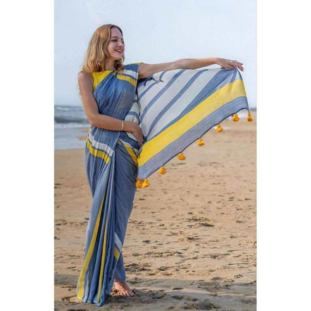 Generic Women's Linen Printed Saree With Unstitched Blouse 5.5MtrÂ (Blue)