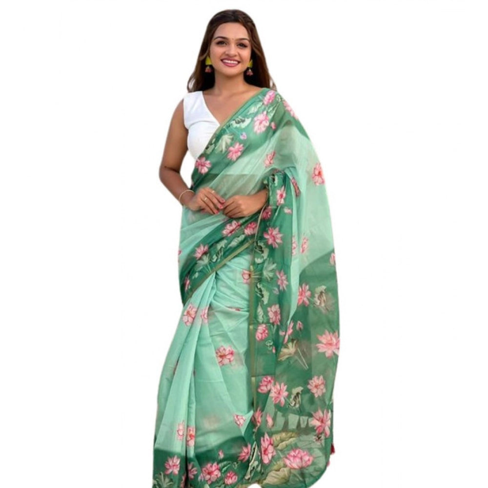 Generic Women's Linen Printed Saree With Unstitched Blouse 5.5MtrÂ (Green)