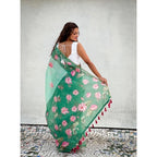 Generic Women's Linen Printed Saree With Unstitched Blouse 5.5MtrÂ (Green)