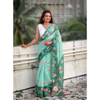 Generic Women's Linen Printed Saree With Unstitched Blouse 5.5MtrÂ (Green)