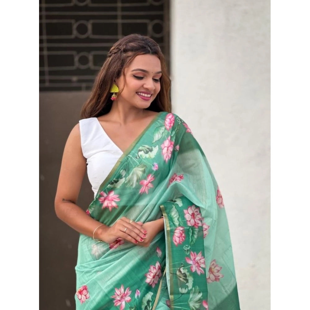 Generic Women's Linen Printed Saree With Unstitched Blouse 5.5MtrÂ (Green)