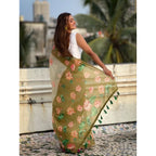 Generic Women's Linen Printed Saree With Unstitched Blouse 5.5MtrÂ (Mahendi)