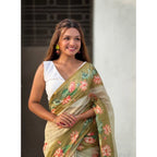 Generic Women's Linen Printed Saree With Unstitched Blouse 5.5MtrÂ (Mahendi)