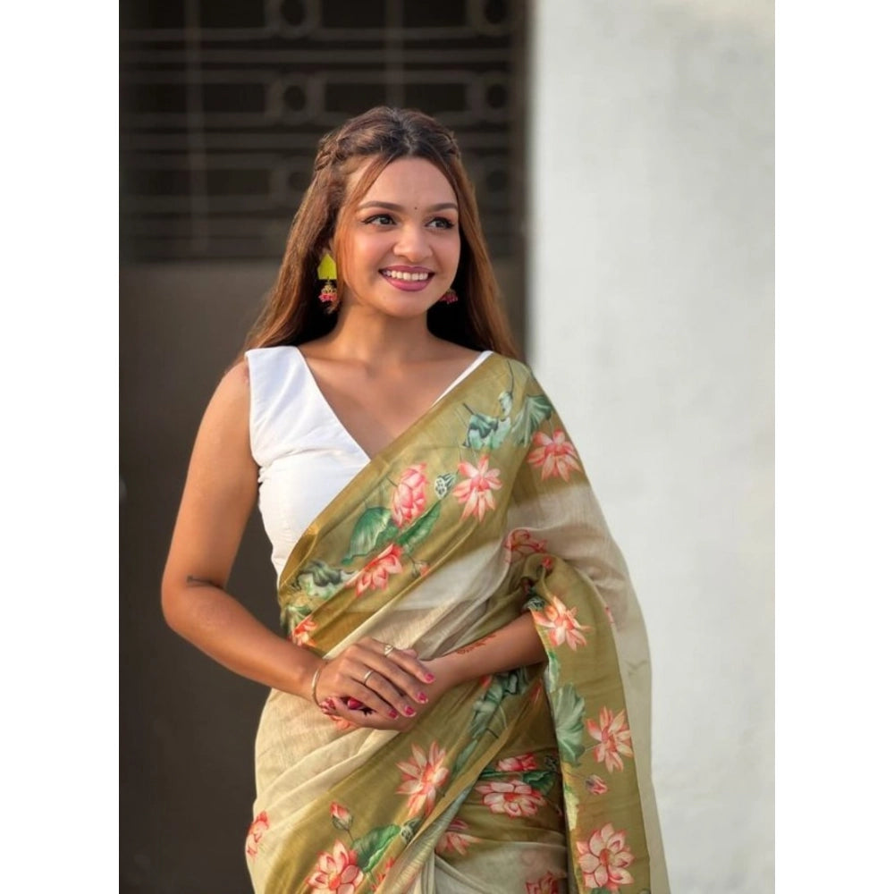 Generic Women's Linen Printed Saree With Unstitched Blouse 5.5MtrÂ (Mahendi)