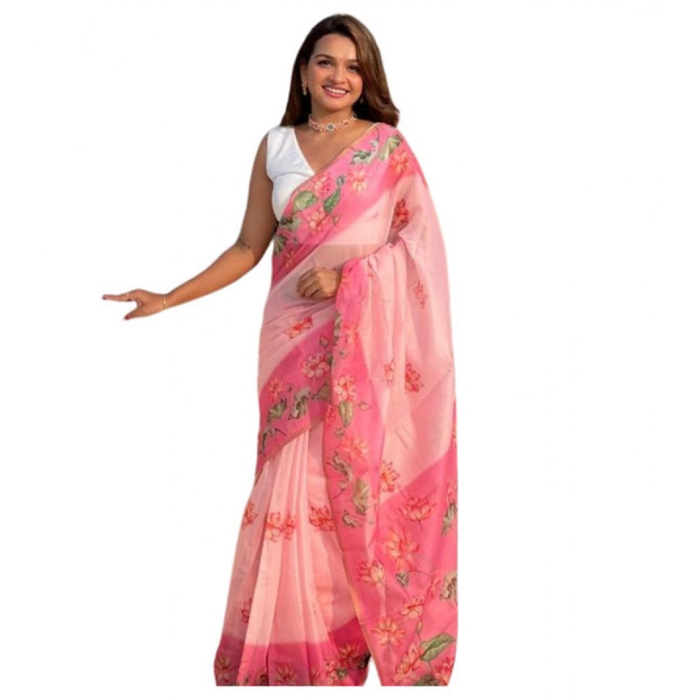 Generic Women's Linen Printed Saree With Unstitched Blouse 5.5MtrÂ (Pink)