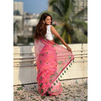 Generic Women's Linen Printed Saree With Unstitched Blouse 5.5MtrÂ (Pink)