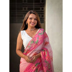 Generic Women's Linen Printed Saree With Unstitched Blouse 5.5MtrÂ (Pink)